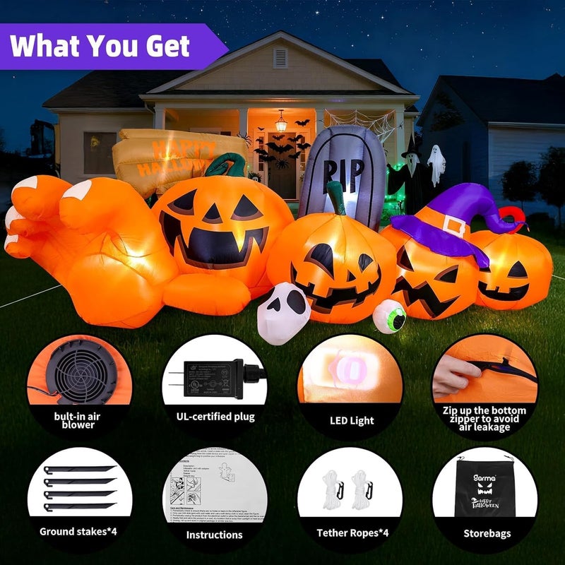 Garma 9.2 Ft Halloween Inflatables Outdoor Decorations, Long Inflatable Blow Ups Yard Decoration Pumpkin with Build-in LEDs, Gravestone and Witch Hat for Halloween Party Indoor, Lawn, Garden Decor - Image 4